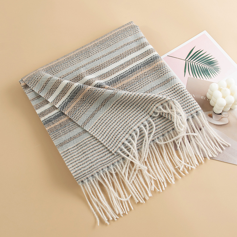 K273 Japanese and Korean color striped imitation cashmere tassel scarf for women cross-border high-end contrast color versatile thick warm neck scarf