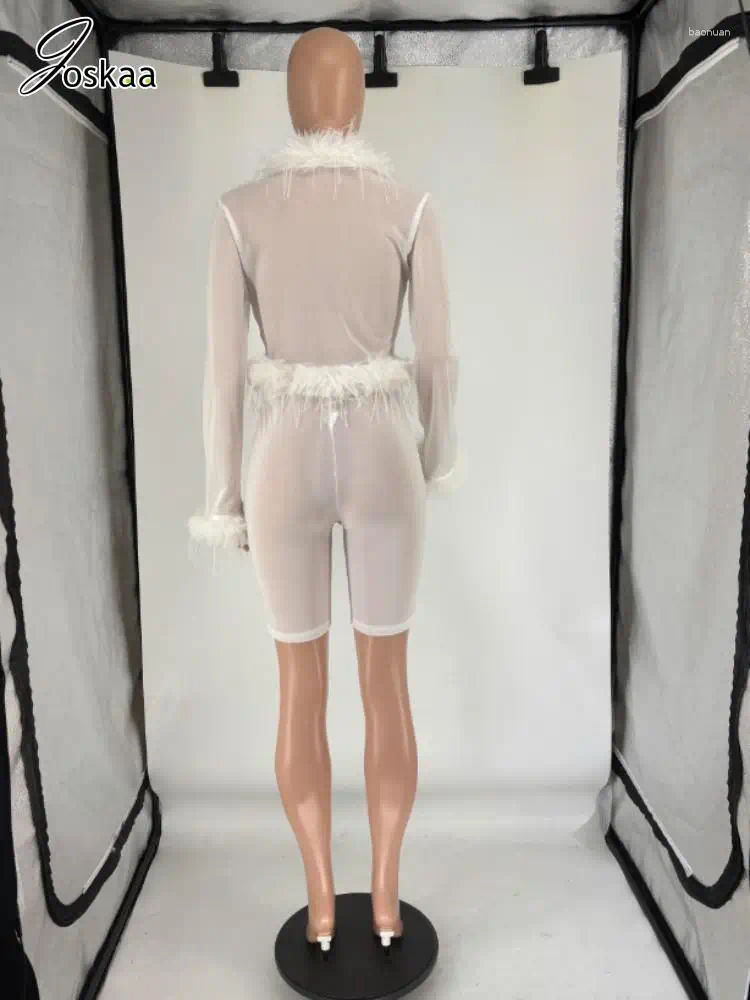 Womens Tracksuits Joskaa Sexy 2 Piece Sets Women Full Sleeve Fluff Collar Lace-Up Crop Tops And Shorts Matching 2025 Summer Coquette Club