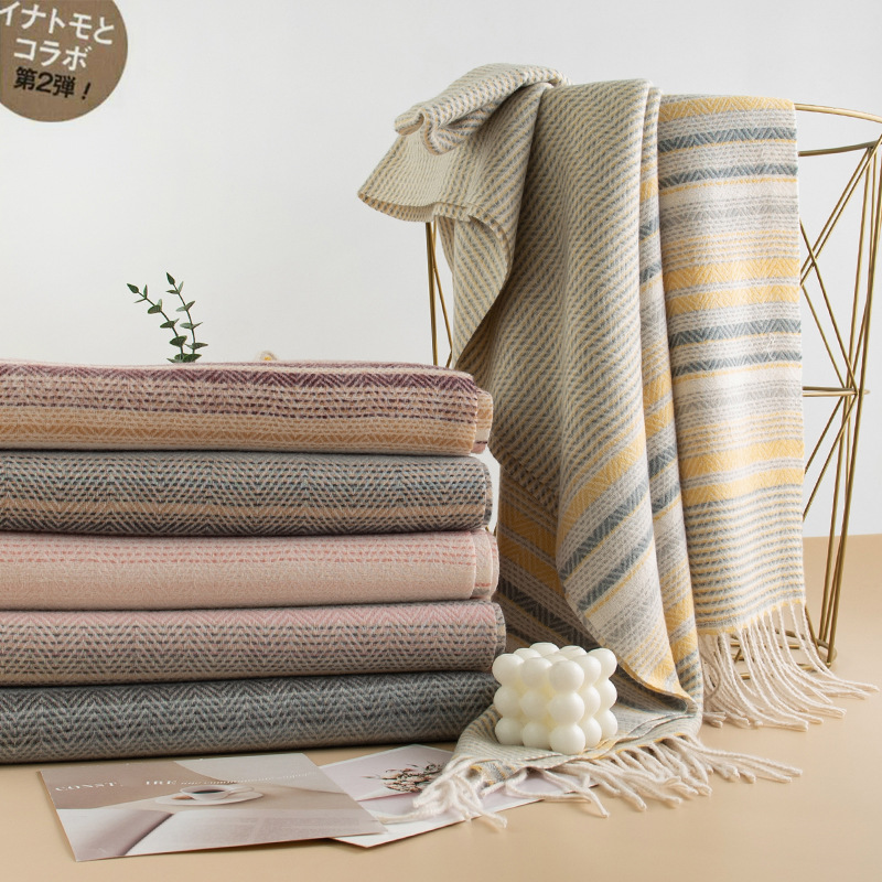 K273 Japanese and Korean color striped imitation cashmere tassel scarf for women cross-border high-end contrast color versatile thick warm neck scarf