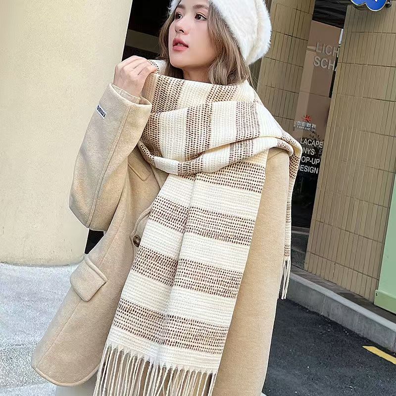 T383 striped scarf for women in winter, lengthened, advanced, thickened and warm, new style, versatile cashmere shawl neck scarf