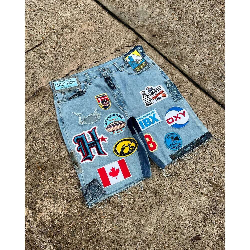 Shorts Men Women Hip Hop Cartoon Pattern Patchwork Embroidery Denim Shorts Retro Blue Baggy Gym Short Y2k Street Basketball Jorts Jeans