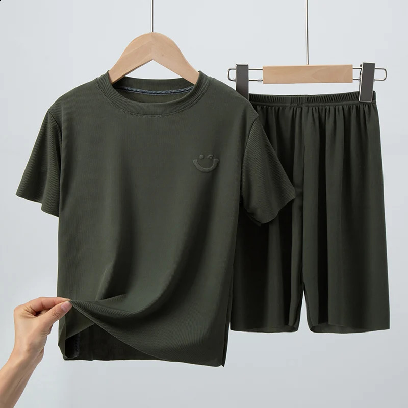 Childrens summer thin short sleeved ice silk set for boys and girls casual clown family clothing 2piece 250325z
