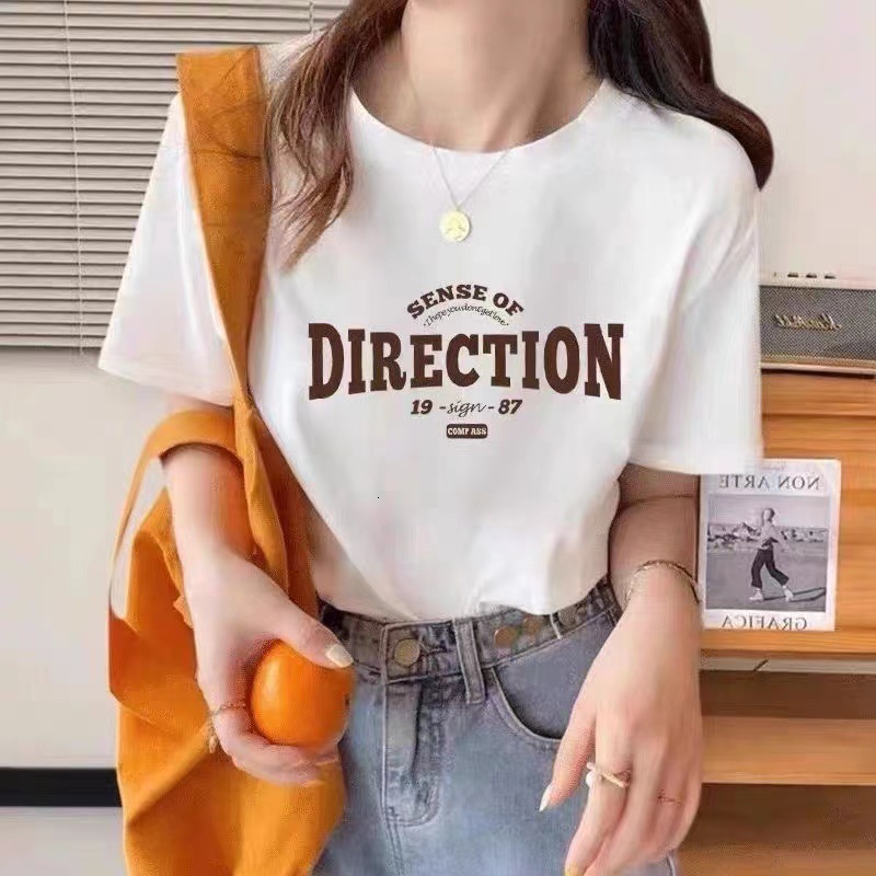 Designer women's T-shirt with pure cotton short sleeves for the summer of 2025Korean version loose round neck top, printed versatile plus size tr