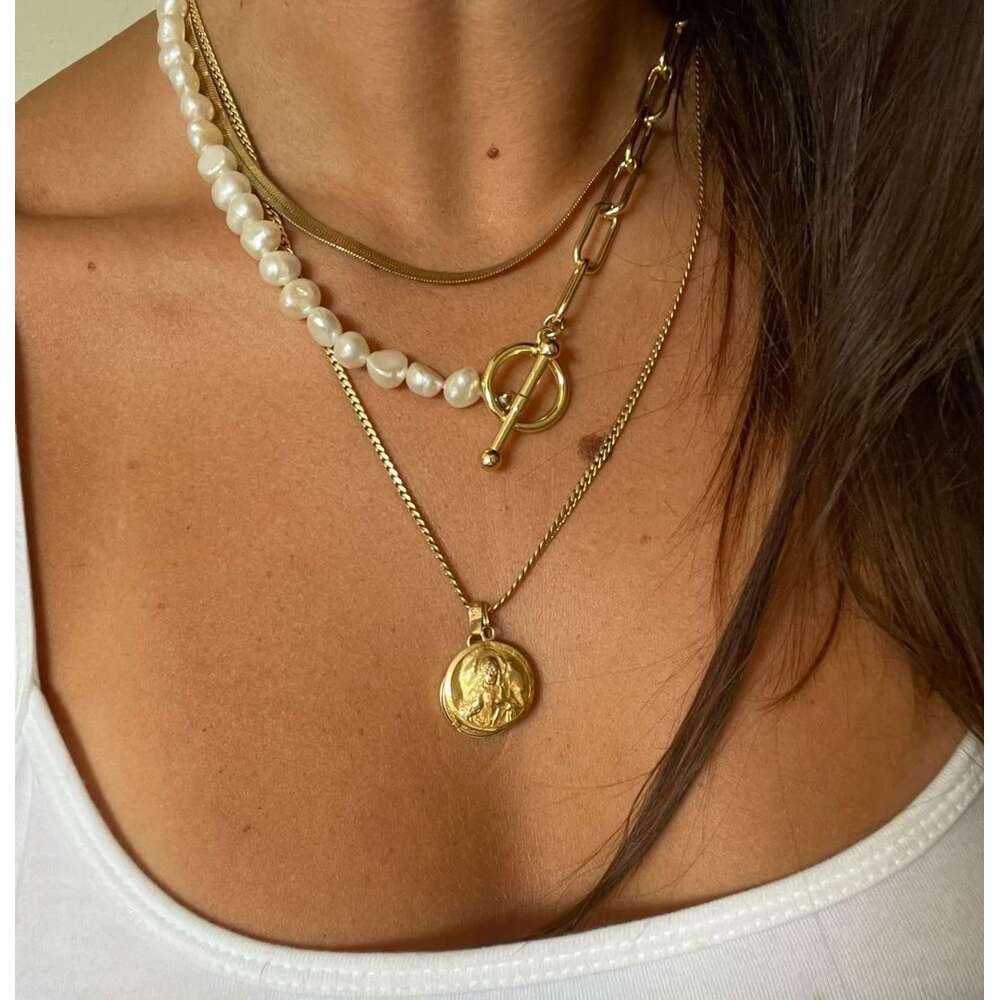 Paper Clip Pearl Necklace Vintage Chunky k Chain Baroque Cultured Pearls Gold Choker Fashion Retro Charm Valentine Jewelry for Women Girls