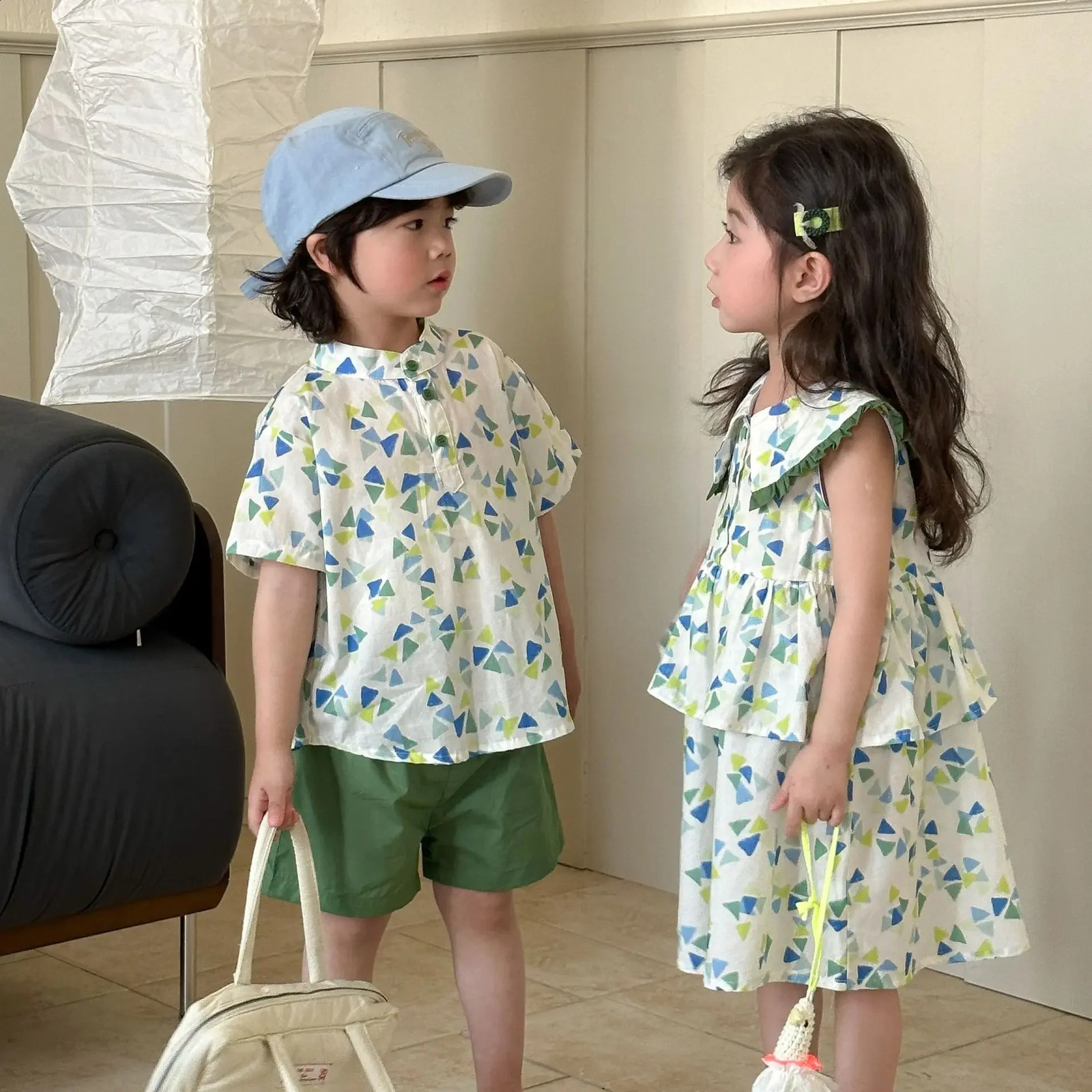 Brothers and sisters clothing suit 2025 summer baby casual wear or girls dress 110 years childrens 250325z