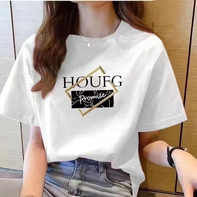 Designer women's T-shirt with pure cotton short sleeves for the summer of 2025Korean version loose round neck top, printed versatile plus size tr