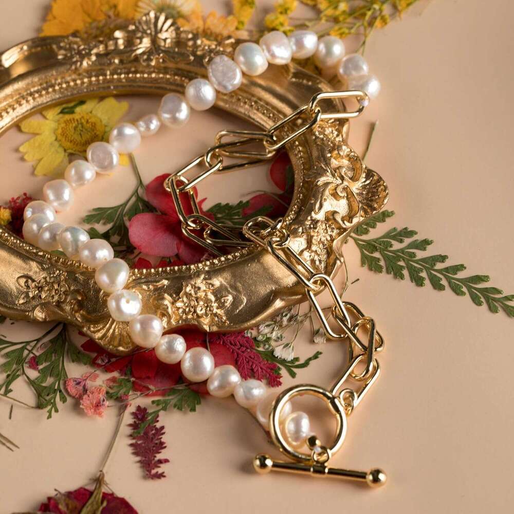 Paper Clip Pearl Necklace Vintage Chunky k Chain Baroque Cultured Pearls Gold Choker Fashion Retro Charm Valentine Jewelry for Women Girls