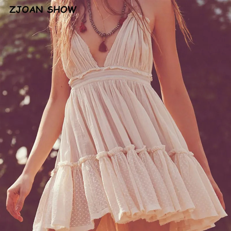 BOHO womens lace camisole collar with fungus patch work mesh pleated mini dress swinging hem backless holiday robe 250327