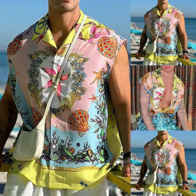 Men Hawaiian Shirts Printing Summer Lapel Sleeveless Vacation Casual Camisa Loose Breathable Streetwear Shirt 5XL