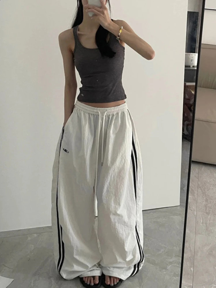 Adagirl white striped womens Y2k retro loose embroidered high waisted Kpop wide leg sports pants hip-hop casual sports pants 250327