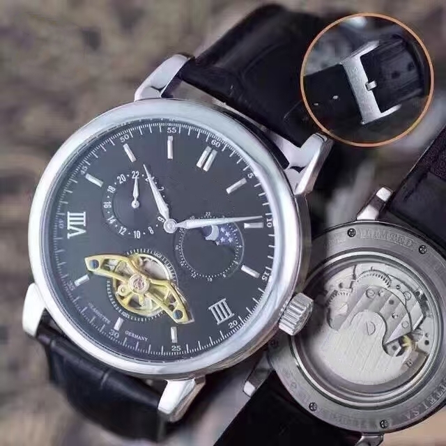 High quality top Sell watch Male watch automatic movement stainless steel wristwatch leathe strap Transparent Glass Back 012
