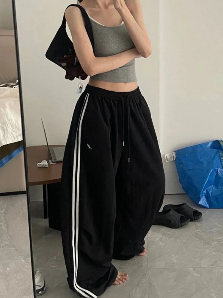 Adagirl white striped womens Y2k retro loose embroidered high waisted Kpop wide leg sports pants hip-hop casual sports pants 250327