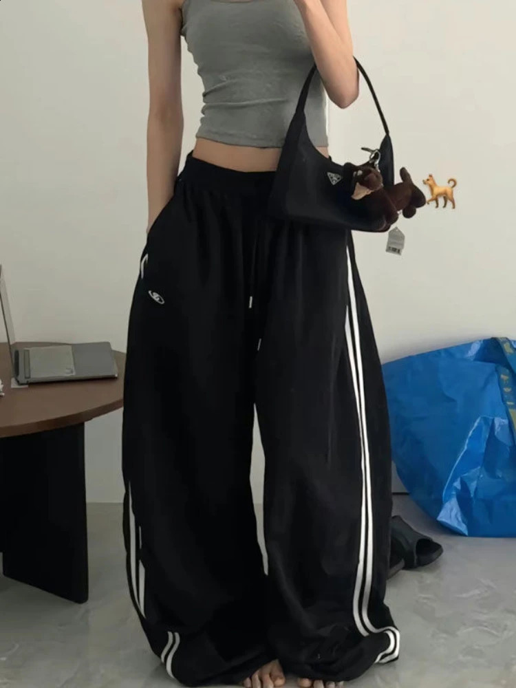 Adagirl white striped womens Y2k retro loose embroidered high waisted Kpop wide leg sports pants hip-hop casual sports pants 250327