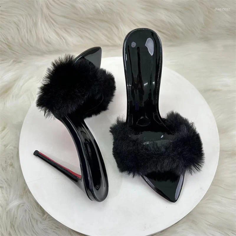 Sandals European And American 12cm Pointed Stiletto Open Toe High Heels Women's Black Fur