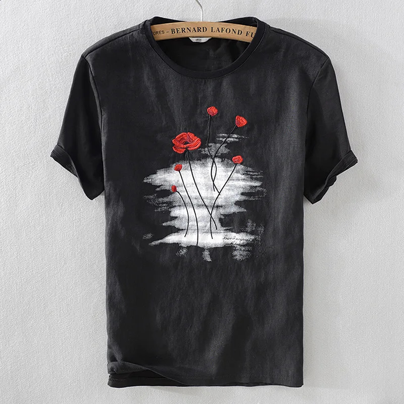 Italian mens linen t-shirt classic round neck casual white t-shirt mens short sleeved embroidered t-shirt 250328