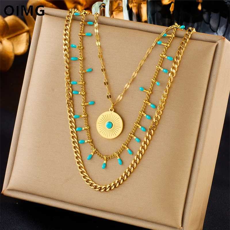 OIMG 316L Stainless Steel Gold Plated Retro Multilayer Turquoise Round Necklace For Women Girl Blue Evil Eyes Jewelry Rustproof Z250331