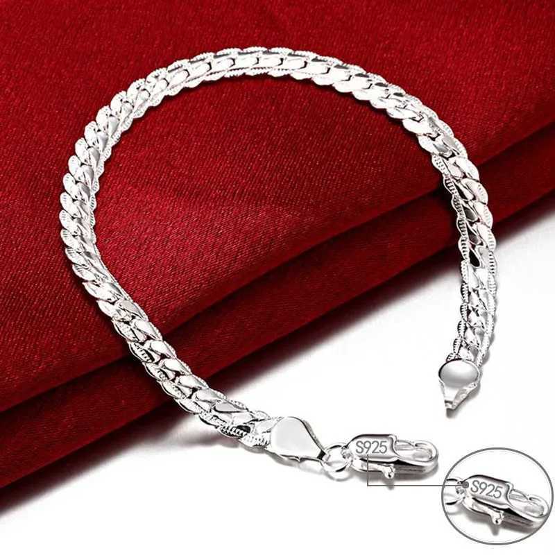 925 sterling silver bracelet 6mm 18/20cm flat side chain lobster clasp suitable for women and mens wedding engagement jewelryT250331
