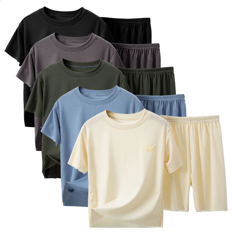 Childrens summer thin short sleeved ice silk set for boys and girls casual clown family clothing 2piece 250325z