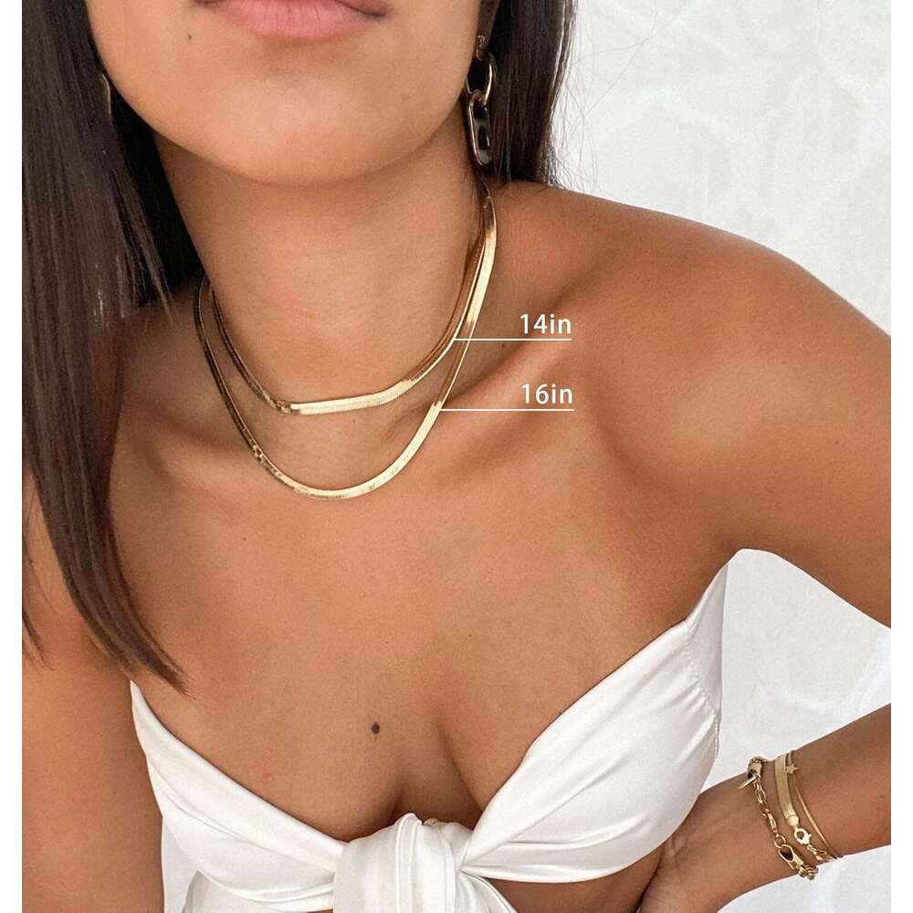 14K Women, Dainty Gold Herringbone Choker Necklace Women Thin Layered Chunky Snake Chain Necklaces Jewelry for Teen Gifts