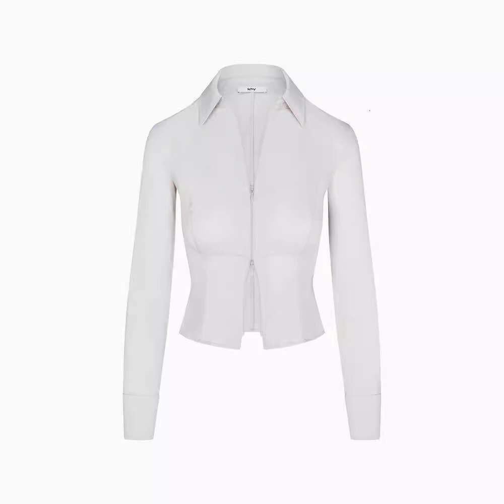 Kylie Same Style~Khy Poplin Double Zipper Short Shirt Drop007 Stand Up Collar Slimming Top