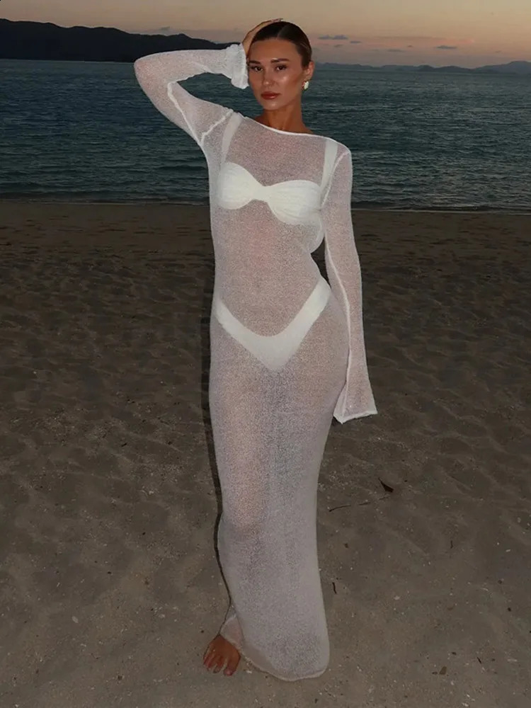 Summer Solid Maxi Dress Fashionable Long Sleeve Deep Low Neck Hollow Back Looking Through Womens Robe 2025 Fashion Holiday Clothing 250327