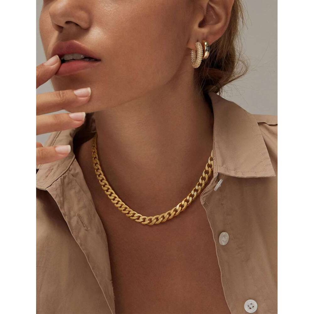 Women's gold 14K exquisite thick gold/sier Cuban paperclip neck chain buckle layered pearl pendant necklace fashion jewelry