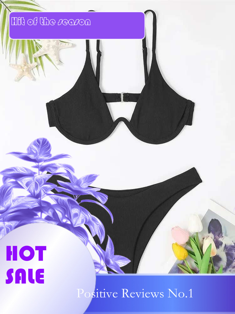 Dongdumaoyi Sexy Underwire Bikini Women Black White Ribbed Push Up Micro Swimsuit Brazilian Hollow Out Bathing Suit Thong Swimwear