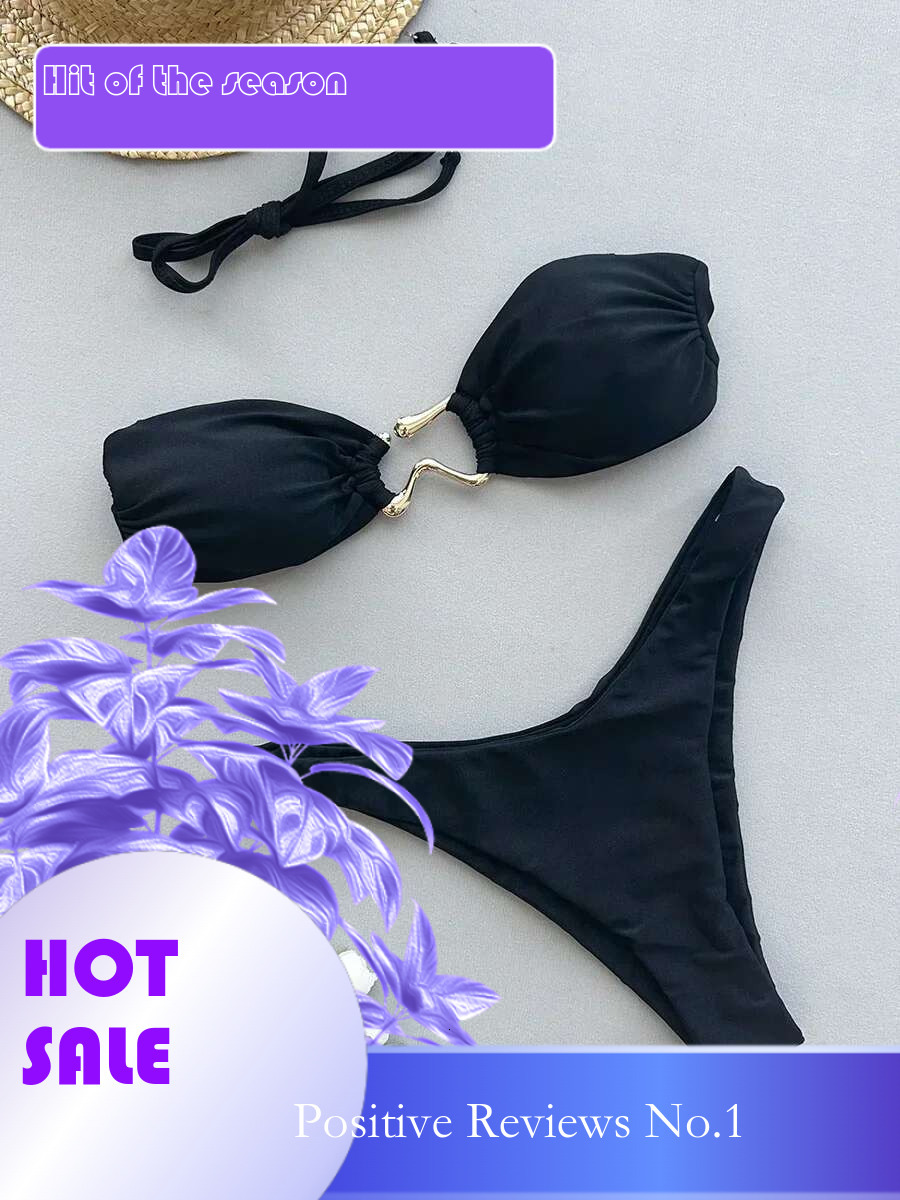 Dongdumaoyi Sexy Bandeau Bikini Mujer Women Metal Ring Linked Push Up Micro Swimsuit Black White Beach Bathing Suit Thong Swimwear