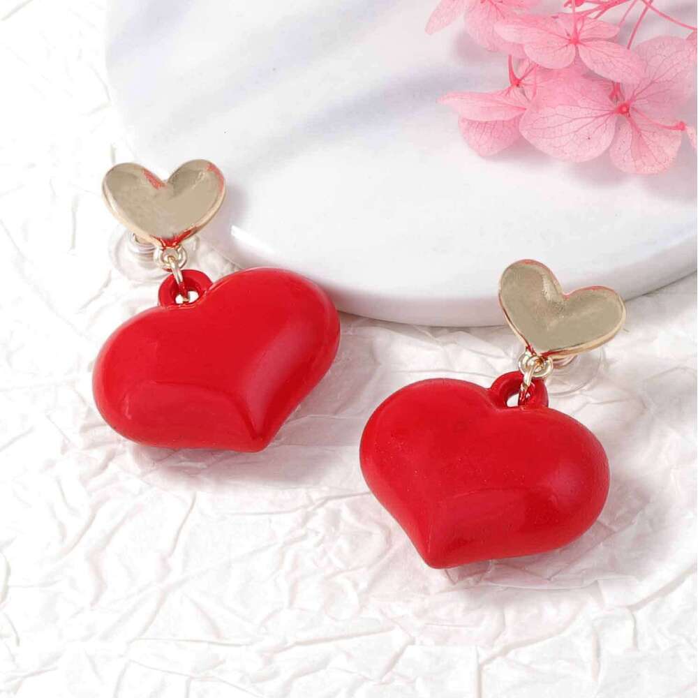 Retro Red Enamel Heart Drop Earrings Minimalist Stylish Sexy Versatile Women Daily Wear