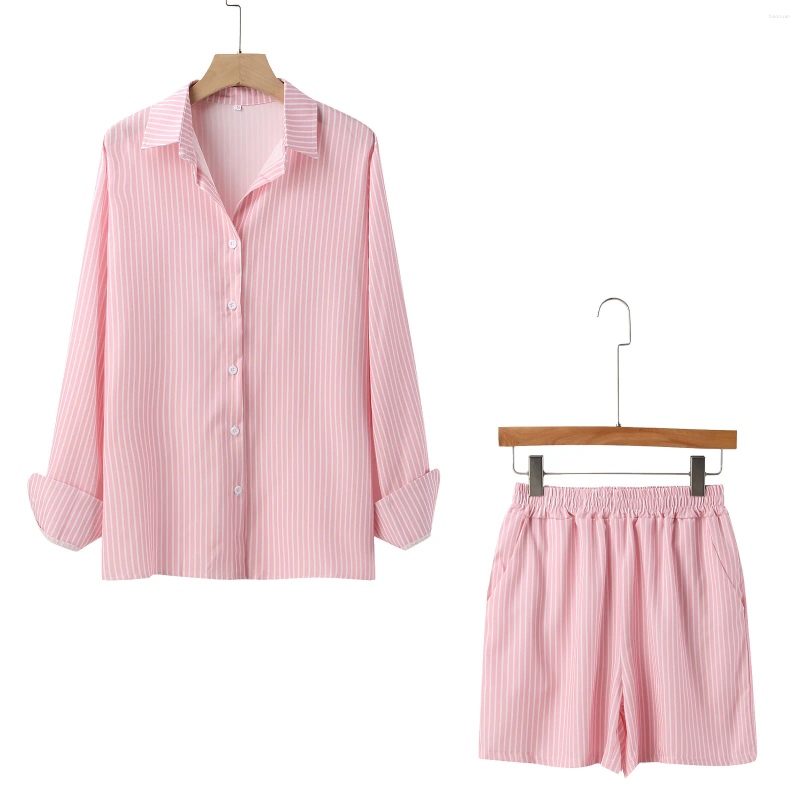 Womens Tracksuits Loungwear Tracksuit Women Shorts Set Stripe Long Sleeve Shirt Tops And Loose High Waisted Mini Two Piece 2025