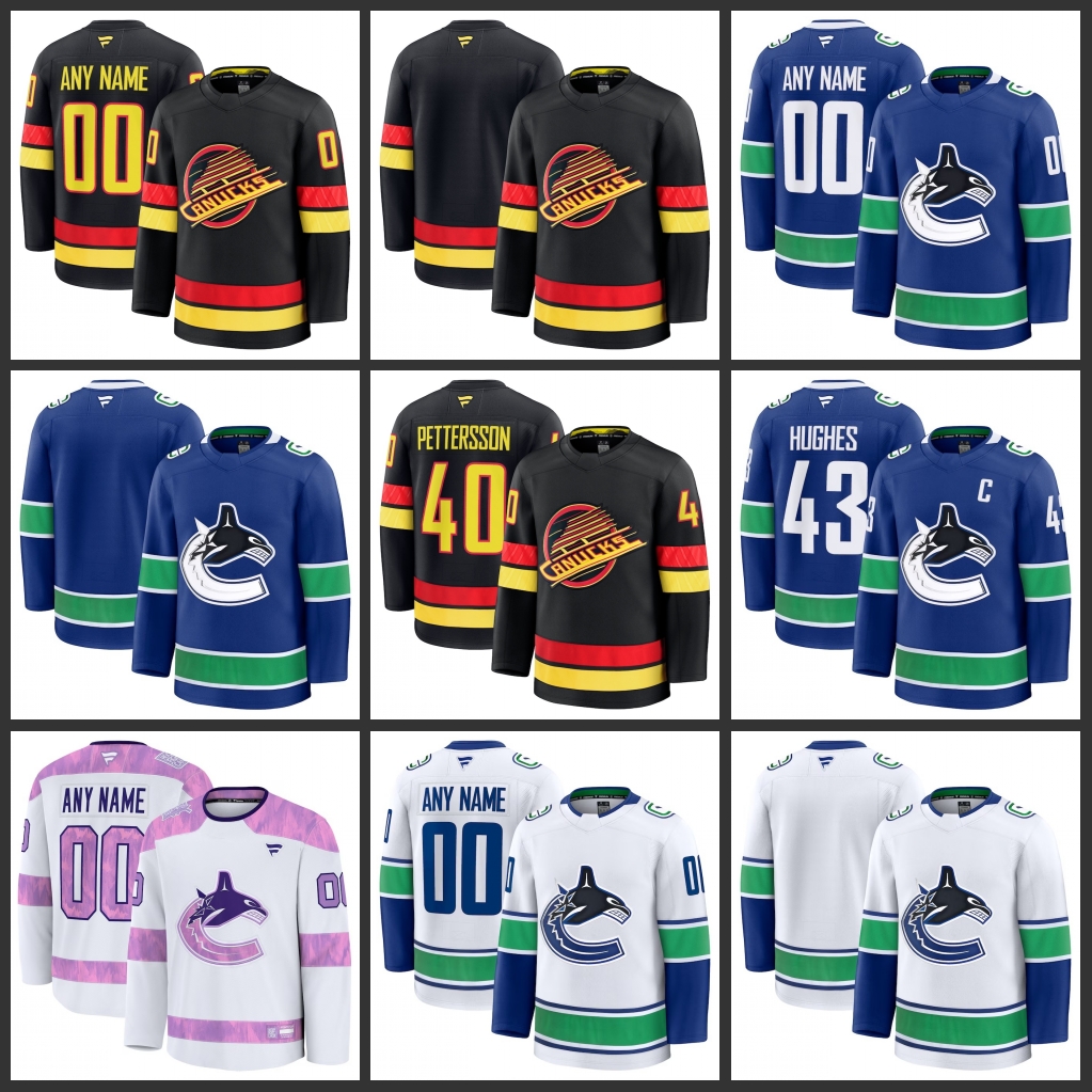 Canucks Hockey Jersey Quinn Hughes Elias Pettersson Thatcher Demko Markus Naslund Brock Boeser Conor Garland Teddy Blueger Home Premium Custom