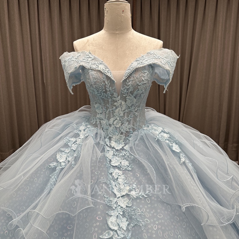 Light Blue Shiny Princess Quinceanera Dresses Off Shoulder Beading Applique Lace Tull Sweet 16 Dress Ball Gown Vestidos 15 Anos