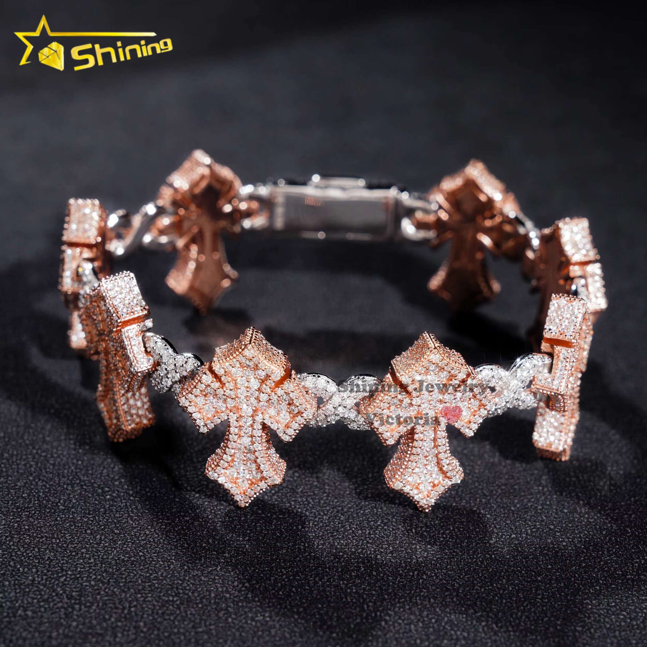 Solid Silver Infinity Cross Design S925 White Gold Mix Rose Gold Plated Hip Hop Jewelry Side Iced Moissanite Cuban Bracelet Men