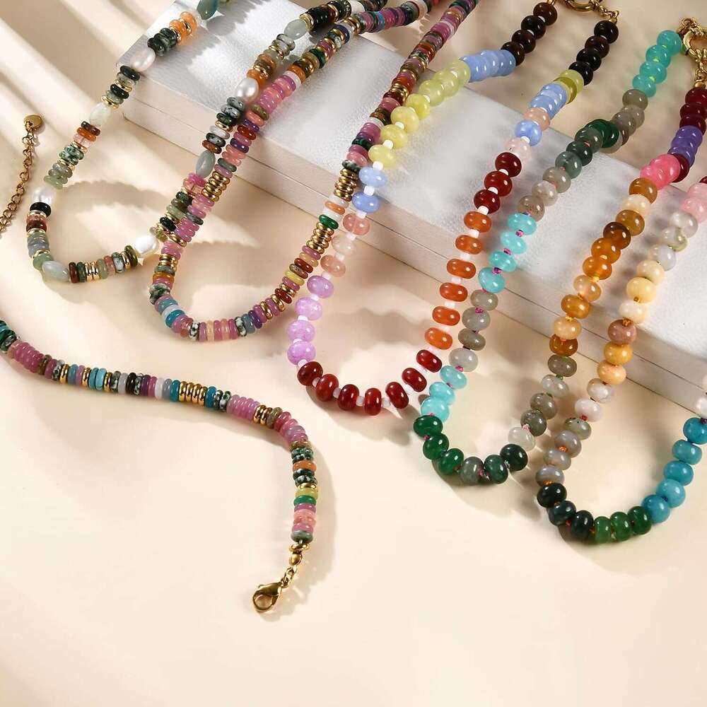 Beaded Gemstone for Women, Colorful Boho Bead Choker Natural Stone Freshwater Pearl Surfer Beach Necklace 14K Gold Plated Summer Handmade Jewelry Gift