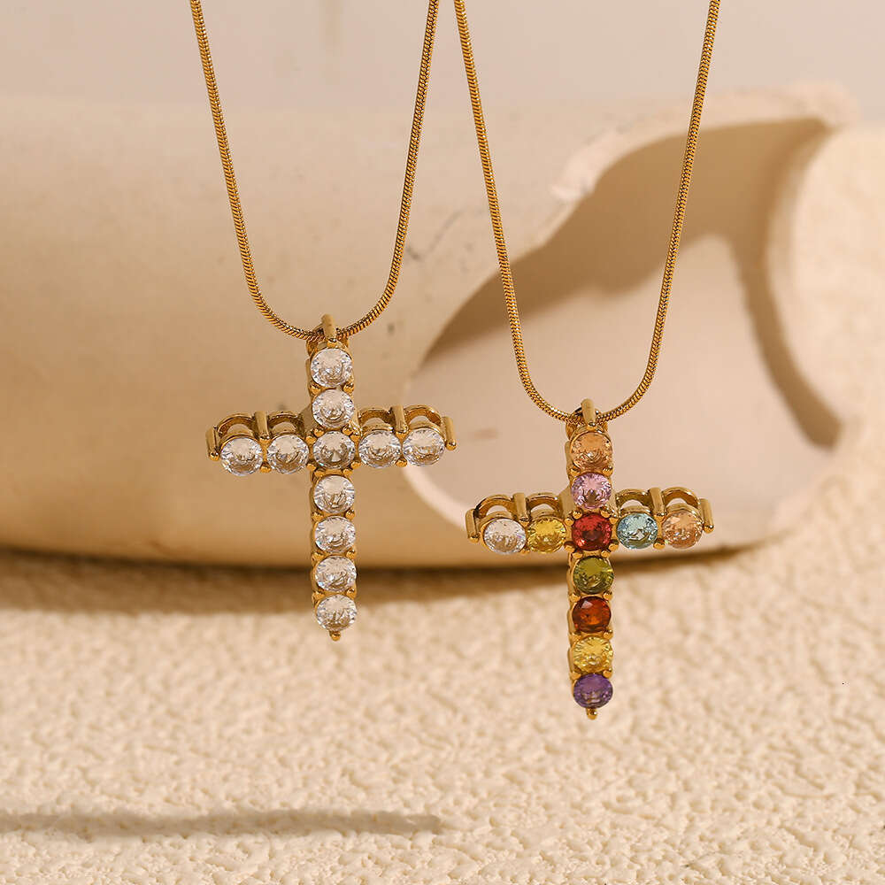 Fashion temperament niche design pendant stainless steel gold-plated color dia cross snake chain necklace for women