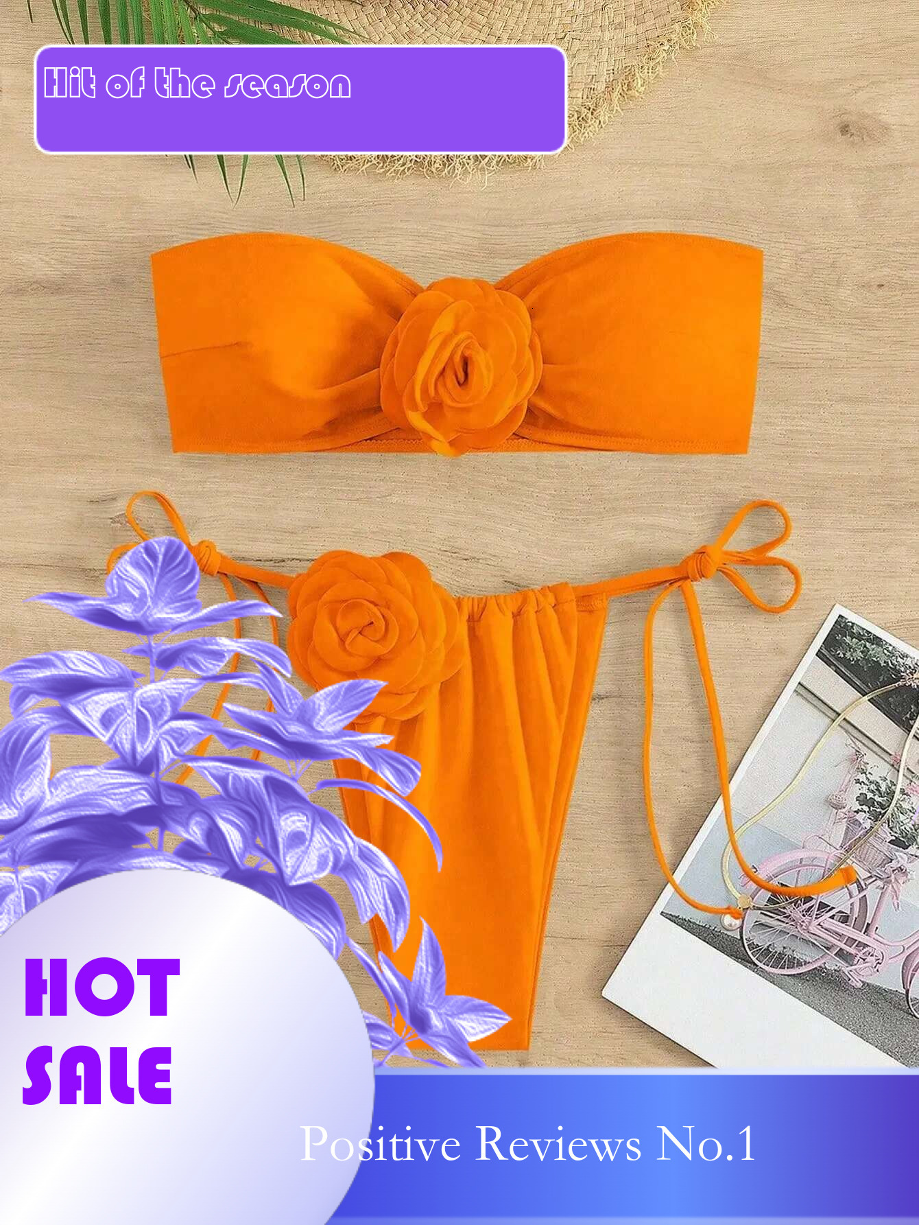 Dongdumaoyi Bikini Swimsuit Women D Flower Designer Bikinis Sets Solid Orange Bandeau Push Up Beach Bathing Suit Thong Swimwear