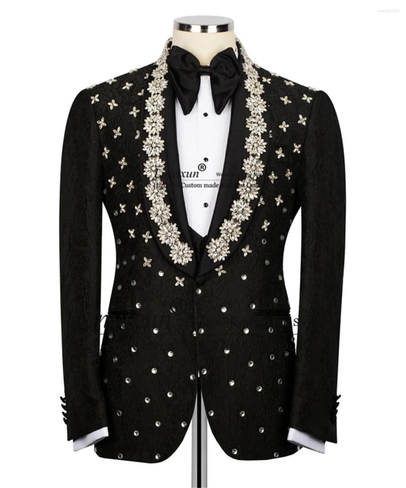 Men's Suits Sparkly Beaded Ornament Tuxedos Men 3 Piece Sets Wedding Groom Male Prom Blazers Customized Slim Dinner Trajes Para Hombre