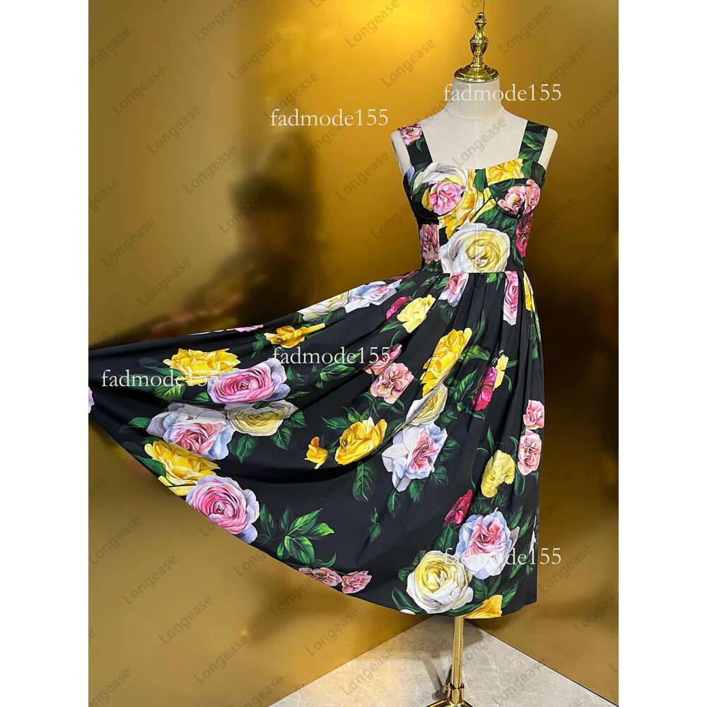 Summer party birthday cotton peonies print gathered waist sleeveless midi dress womens designer clothing dresses for woman2025