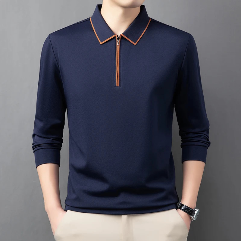 Lightweight long sleeved mens polo shirt with automatic fashion lapel and half zipper n premium silk casual Tshirt 250321