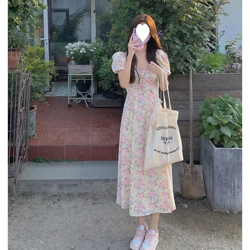 Sweet n Sense Waist Fold Bubble Sleeve Split Long Knee Summer Womens Super Dress 250327