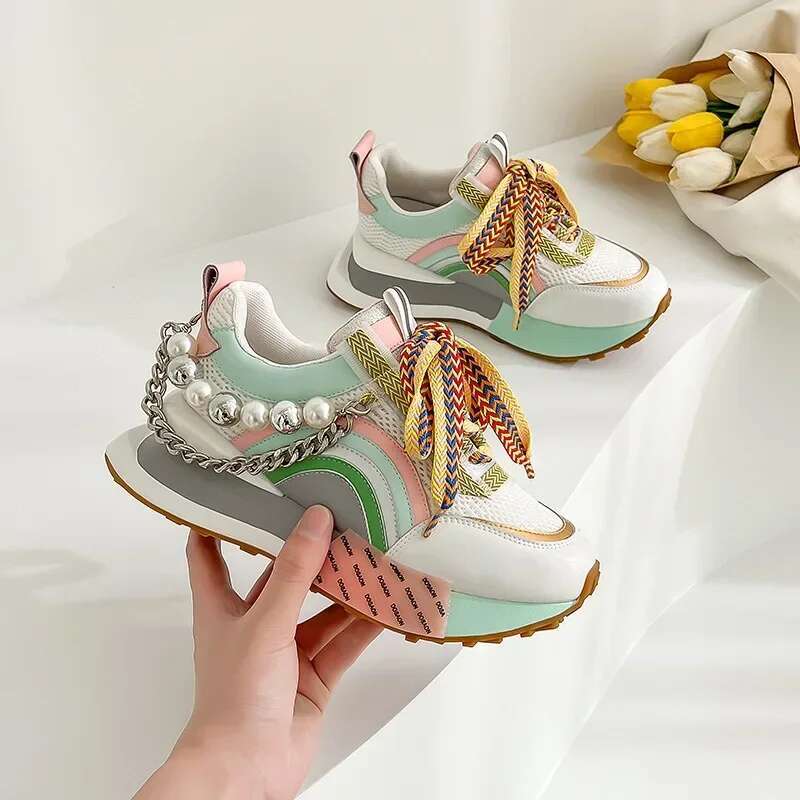 Light Luxury Designer Shoes Women's Genuine Leather Sports Shoes Lace Up Rainbow Color Platform Pearl Chain Patch Fashionable Girls' Breatha