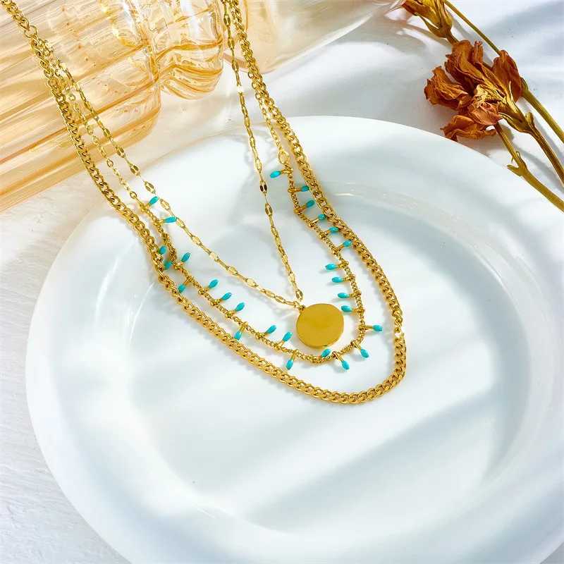 OIMG 316L Stainless Steel Gold Plated Retro Multilayer Turquoise Round Necklace For Women Girl Blue Evil Eyes Jewelry Rustproof Z250331