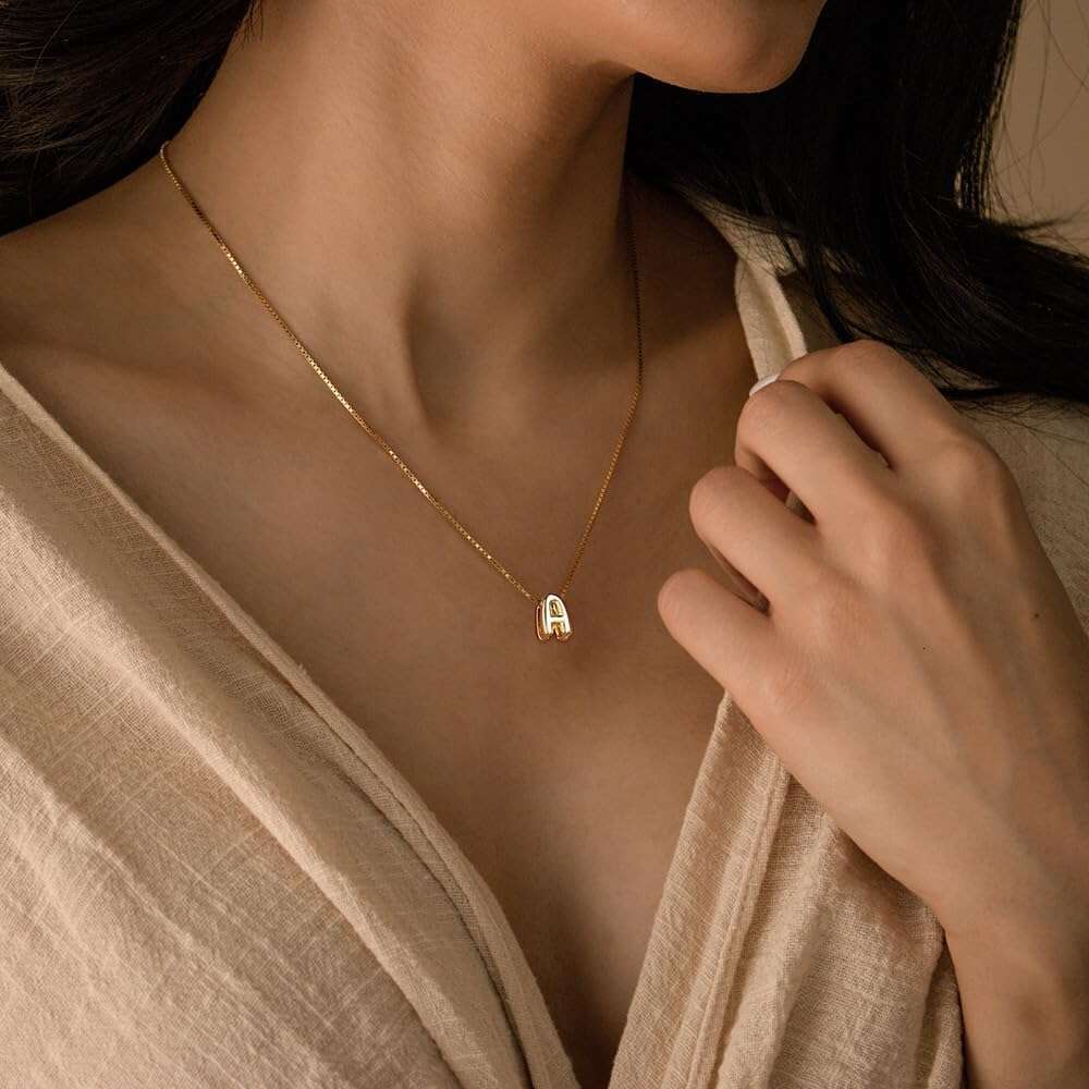 Bubble Initial Dainty Letter Necklace 14K Plated Cute Name Choker Necklaces Trendy Gold Personalized Jewelry Gift for Women