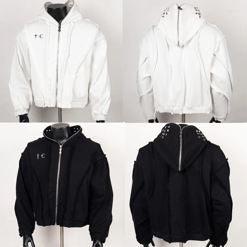 Men's Hoodies Hip Hop Street Trend Thug Club Sweatshirts Retro Fashion Patchwork Full Zip Face Mask Hoodie Jacket