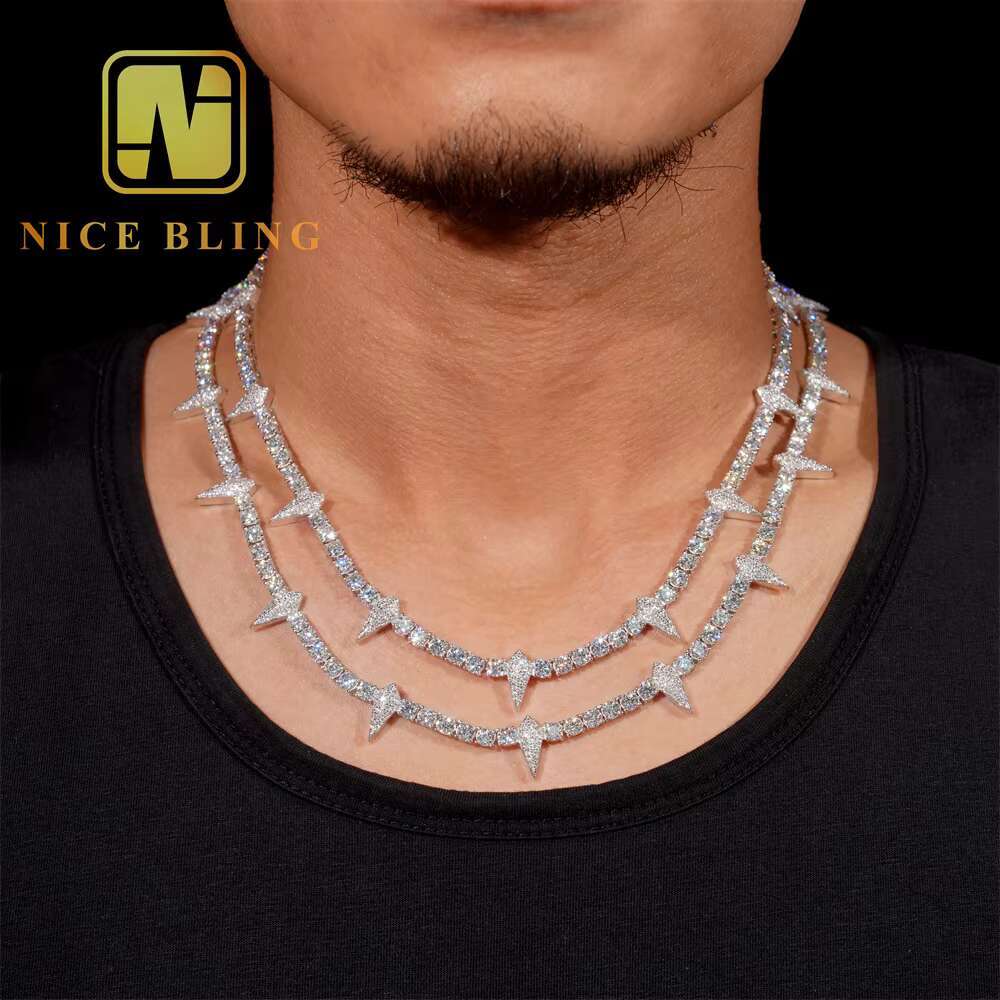 Iced Out Jewelry 4MM Pointed Tennis Chain 925 Silver Moissanite Diamond Tennis Necklace Pass Diamond Tester New Arrival