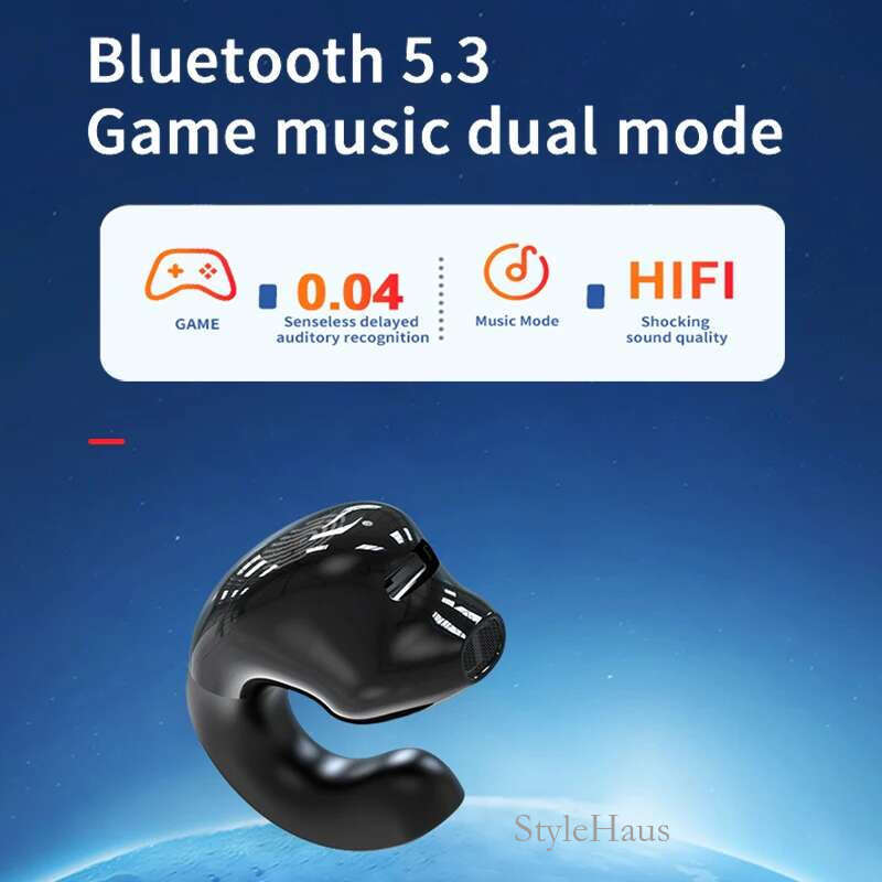 Wireless Ear Clip on Headphone TWS Bluetooth 5.3 Earphone Single in-Ear HiFi Stereo Touch Control Sports Headset with Mic