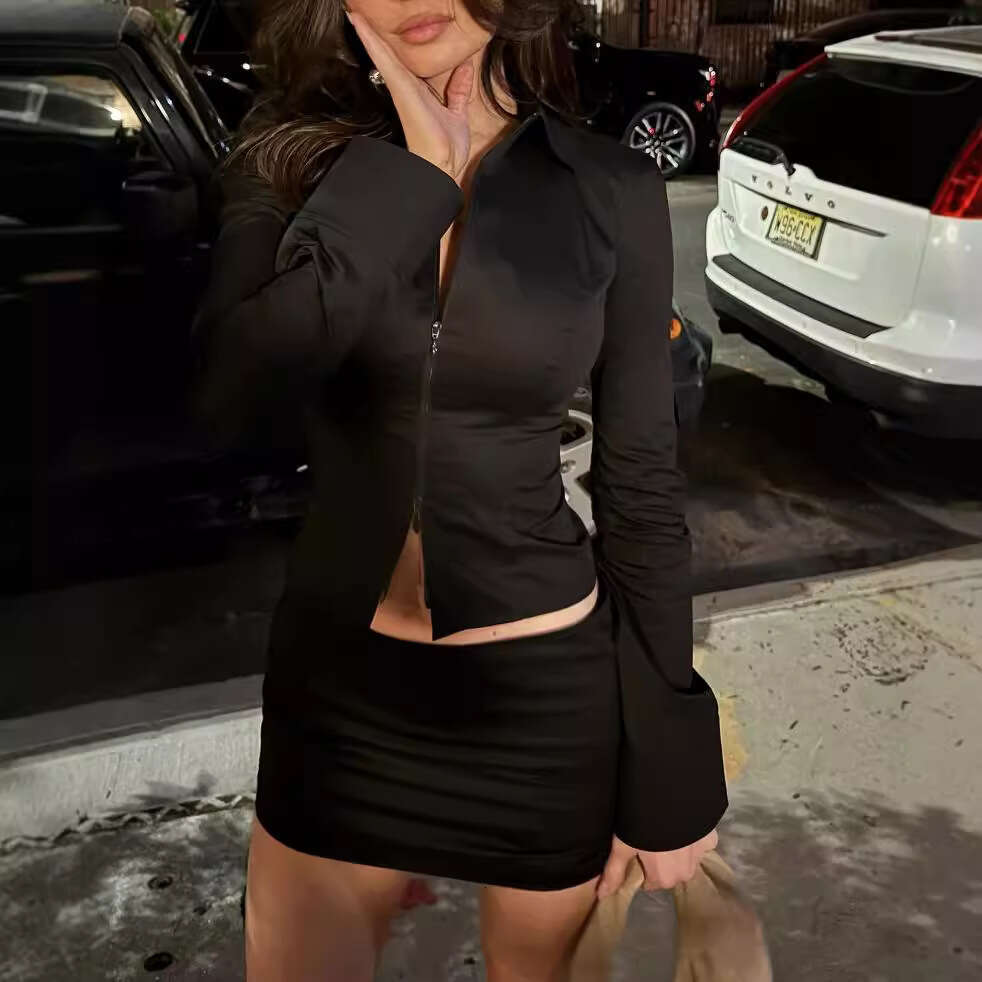 Kylie Same Style~Khy Poplin Double Zipper Short Shirt Drop007 Stand Up Collar Slimming Top