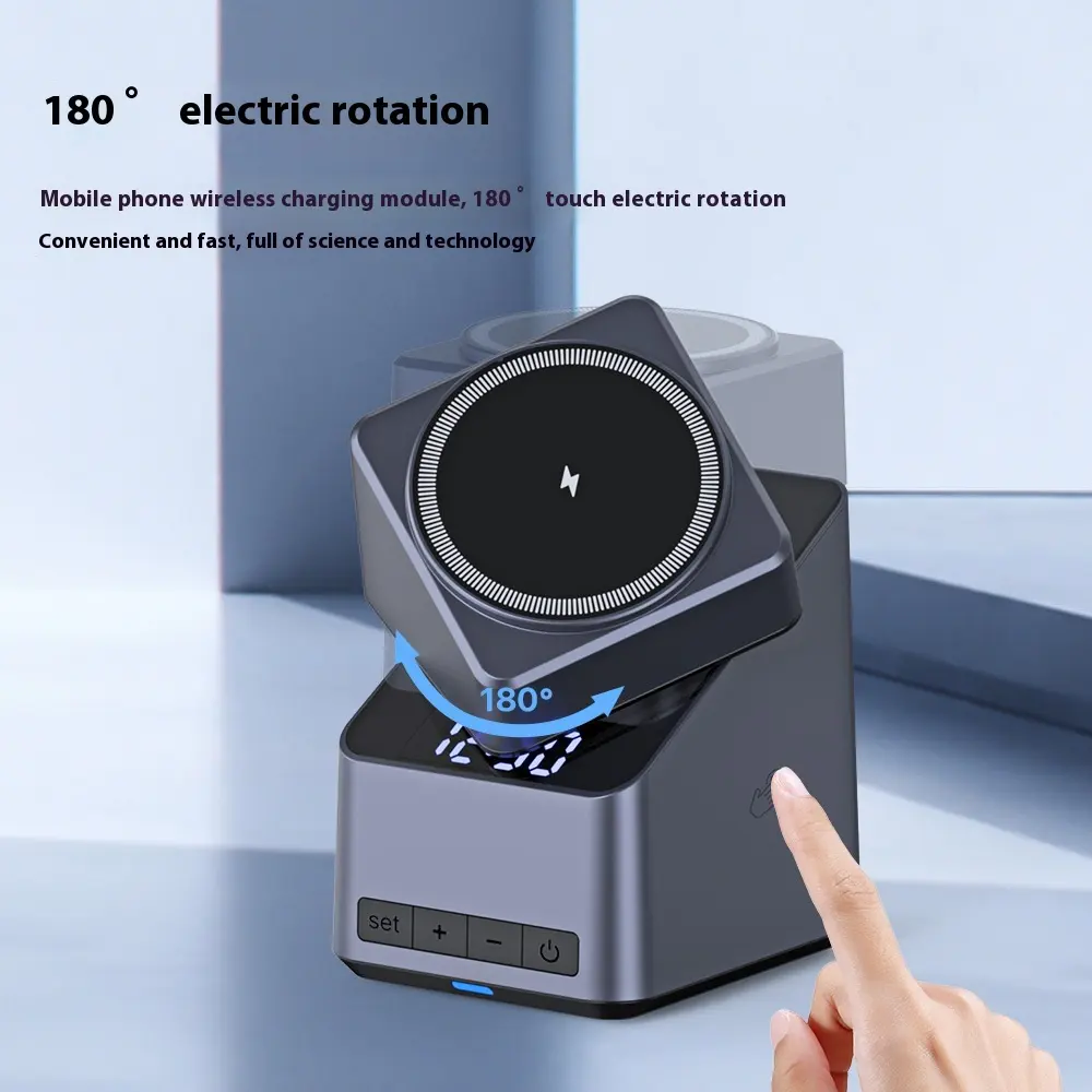 4-in-1 Magnetic Wireless Charger Stand with Auto-Rotating Phone Holder, 15W Fast Charging, LED Desk Clock & Touch Control | Smart Desk Organizer