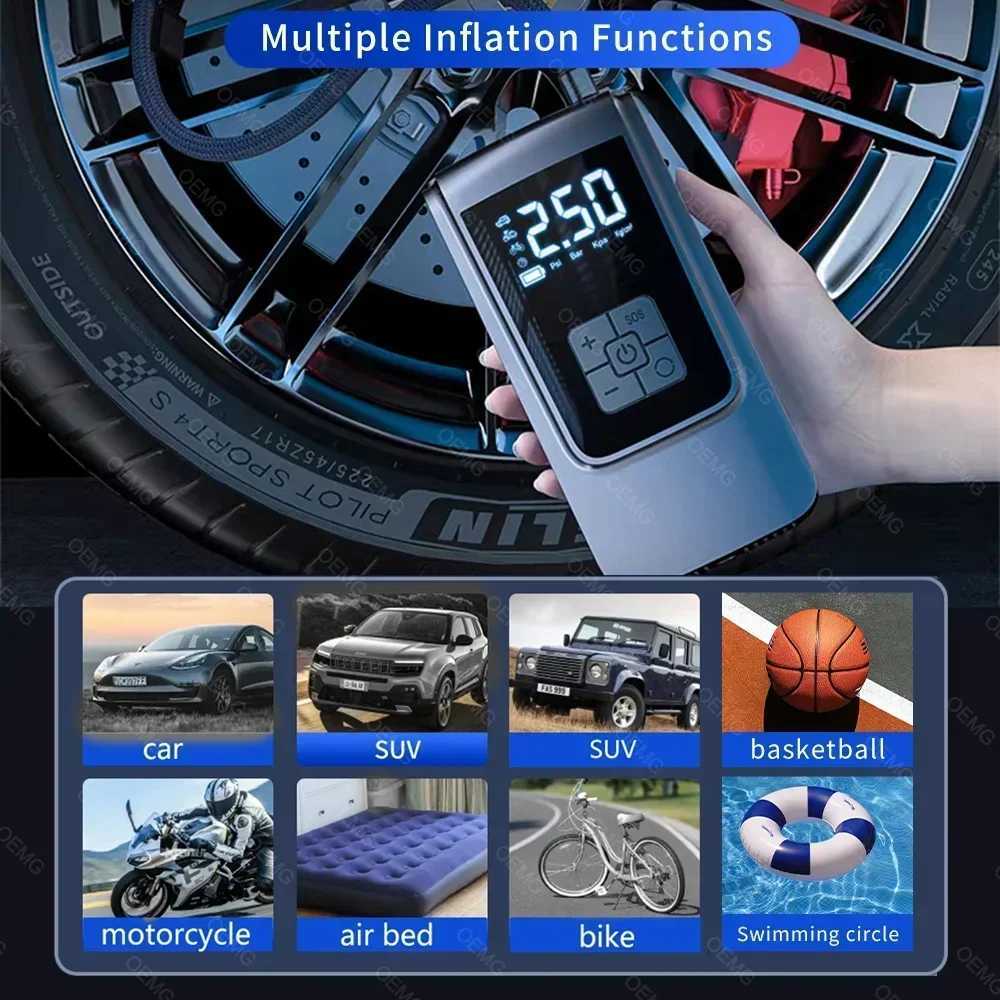 Wireless car air pump portable air compressor electric tire inflator with LCD digital display suitable for motorcycles and bicycle balls M250331