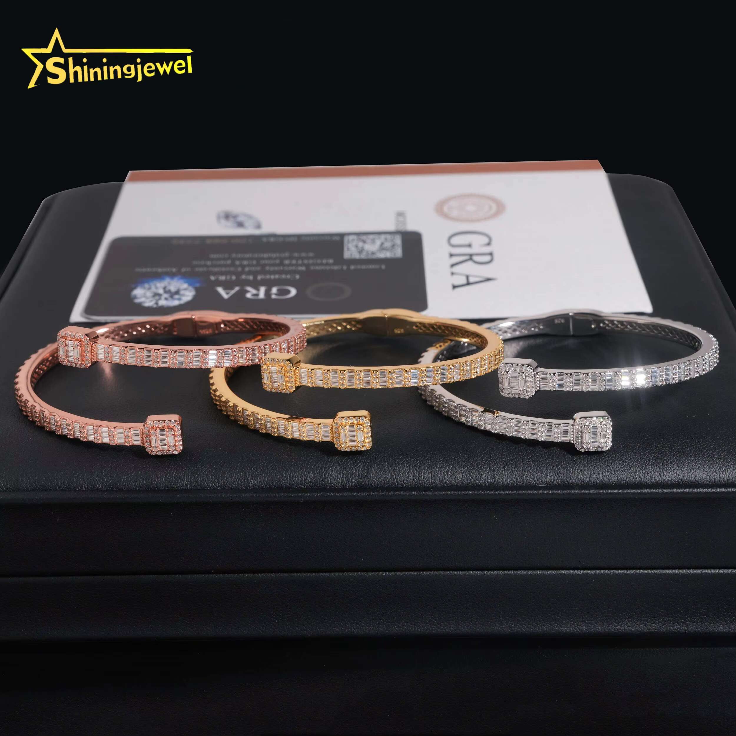 Worldwide Shipping Fine Jewelry Trendy S925 Silver Gold Plated VVS Baguette Moissanite Diamond Bangle Bracelet